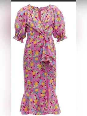 SALONI  Silk Pink Lemon Print Midi Dress -  size 2